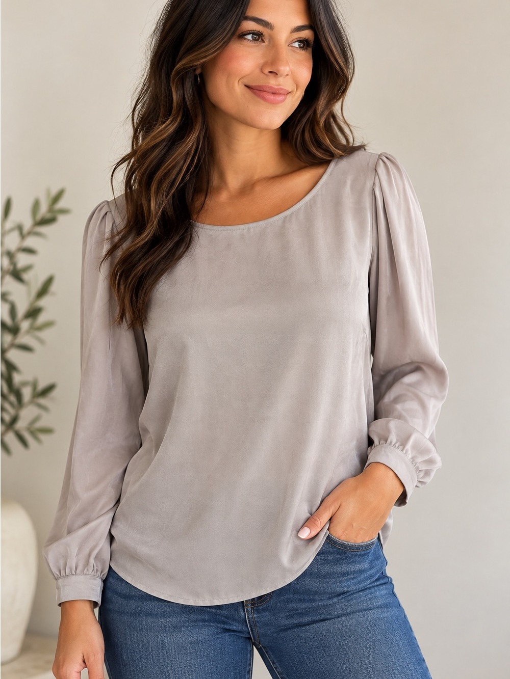 Banana Republic Petite M Gray Satin Blouse Long Sleeve Puff Shoulder Career Top